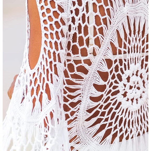 NWT CUPSHE White swim cover boho Crochet Tassel Three Quarter Sleeve … - Picture 4 of 9